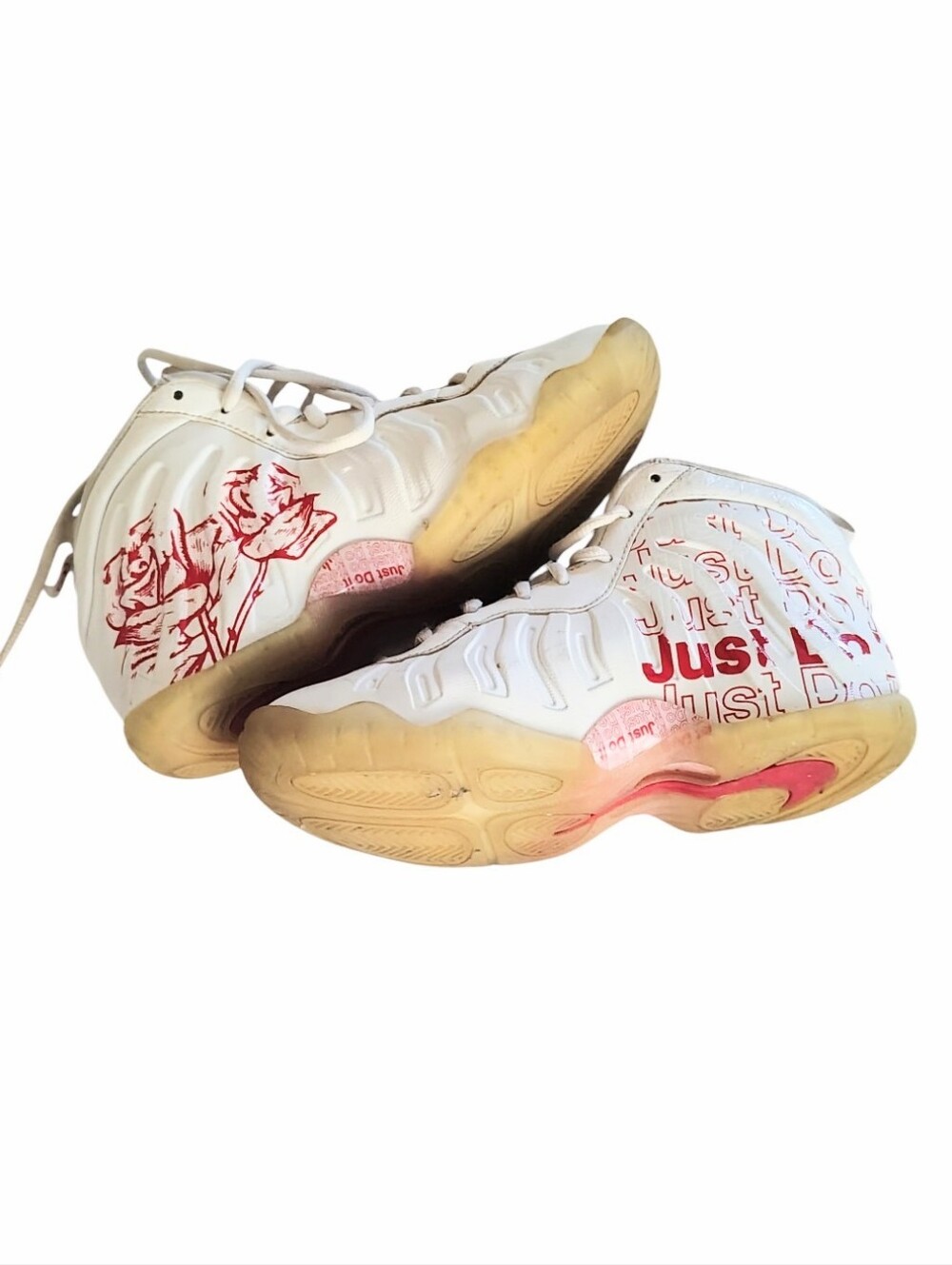 Vintage Nike White High Top Sneaker With Red Rose And Just Do It Size 4Y Boy